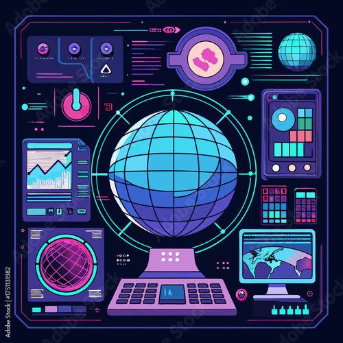 A high-tech vector graphic set featuring a futuristic control system HUD interface, designed in a cyberpunk style. Includes UI elements such as a 3D Earth globe, charts, diagrams, screens, and data di