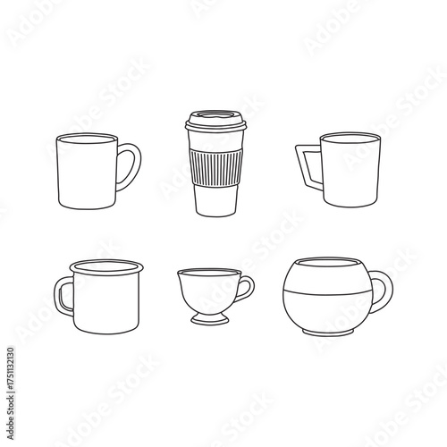 Diverse Coffee Mugs and Cups Line Art Set