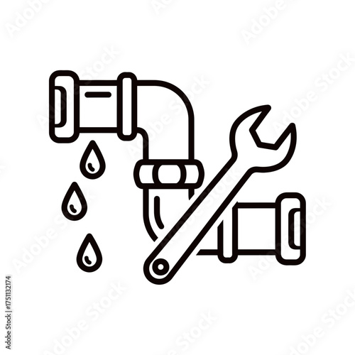 Leaky Pipe with Wrench Icon Plumbing Repair and Maintenance Concept in Simple Black and White Style