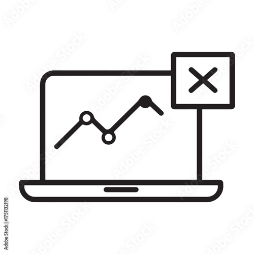 Vector art of laptop displaying a line graph with a cross symbol indicating an error or failure