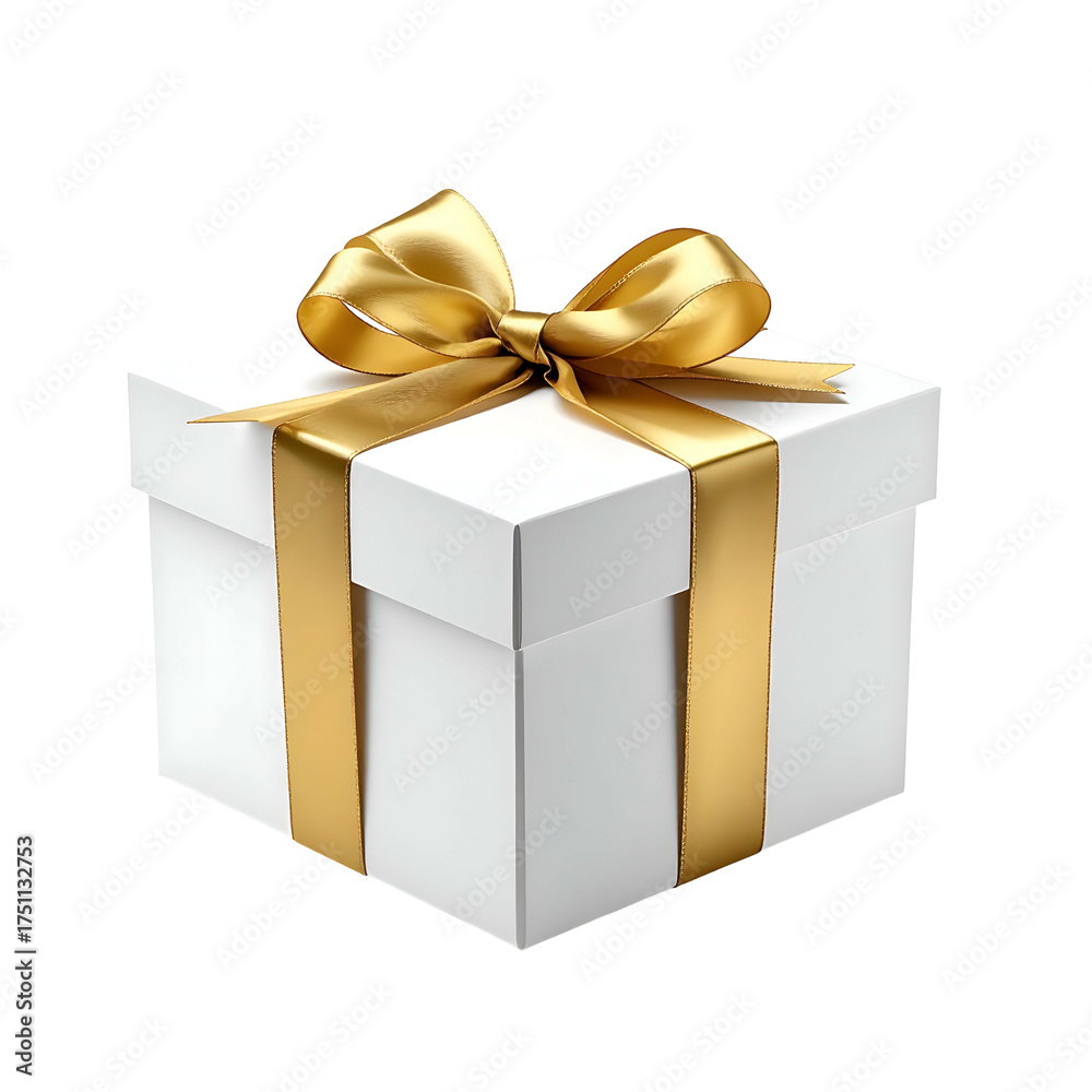 Obraz premium A white square present tied with a luxurious gold ribbon and bow, set against a black backdrop