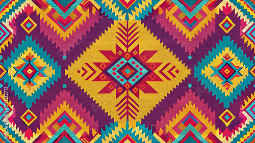 Guatemalan Huipil Weave Pattern, Mayan indigenous geometric diamond textile in vibrant magenta, turquoise and gold, seamless background for fabric, wallpaper, wrapping paper and print