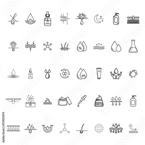 Skin Care Outline Icon Set | Beauty, Face, Cosmetic, Lotion, Cream, Spa, Hygiene, Wellness Vector Icons