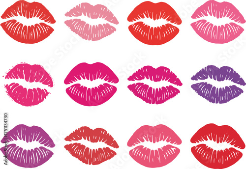 Collection of colorful lip prints isolated on white background for your designs