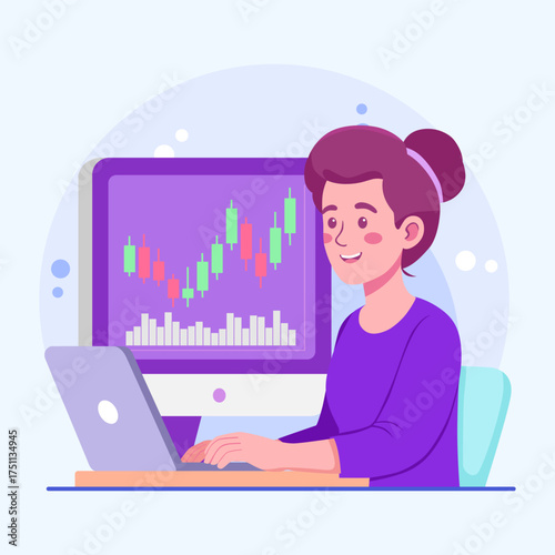 Woman Analyzing Stock Market Data on Computer Flat Vector Illustration