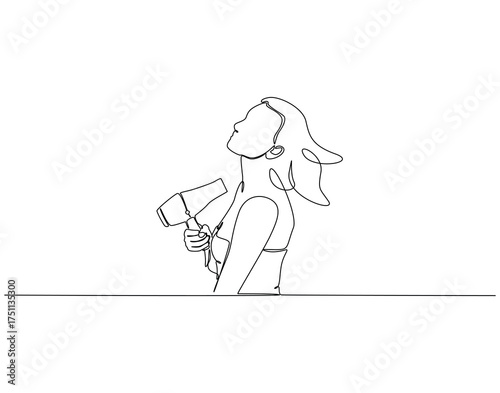 Woman using hair dryer continuous line art. Woman holding hair dryer one line drawing. Woman grooming tool concept vector illustration