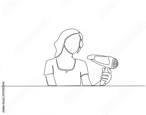 Woman using hair dryer continuous line art. Woman holding hair dryer one line drawing. Woman grooming tool concept vector illustration