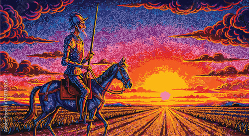 Epic journey of a knight on horseback across a vast open field towards a vibrant sunset, evoking adventure and exploration