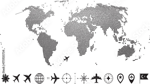 Global Aviation Routes Dot Matrix World Map with Aircraft Icons