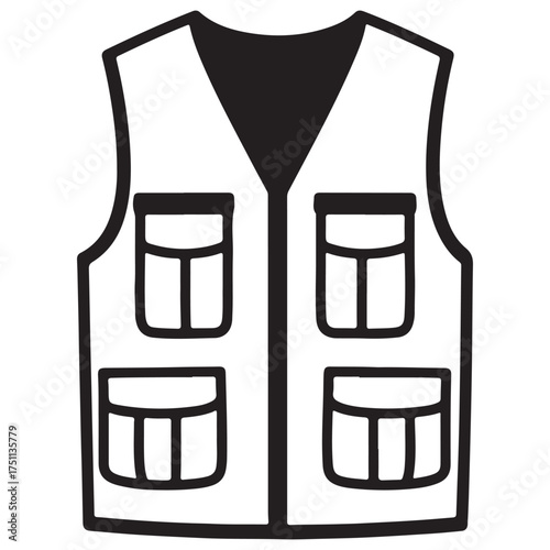 Black and white illustration of a utility vest with multiple pockets for carrying tools and equipment outdoors in various activities