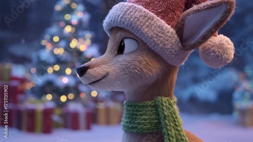 Whimsical animated deer in Santa hat and green scarf, smiling in a snowy winter wonderland with blurred festive Christmas tree and gifts