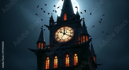 A spooky gothic clock tower illuminated by a full moon as a flock of bats flies around it at night.