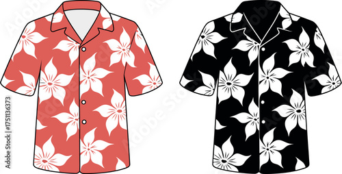 Two aloha shirts with floral pattern isolated on white background