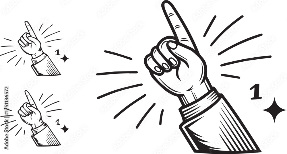Obraz premium Monochrome Hand Pointing Upwards to Number One Illustration Art