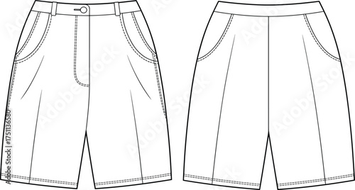 Bermuda shorts flat sketch, vector technical drawing, knee length shorts cad, front back view, kidswear template, fashion garment outline