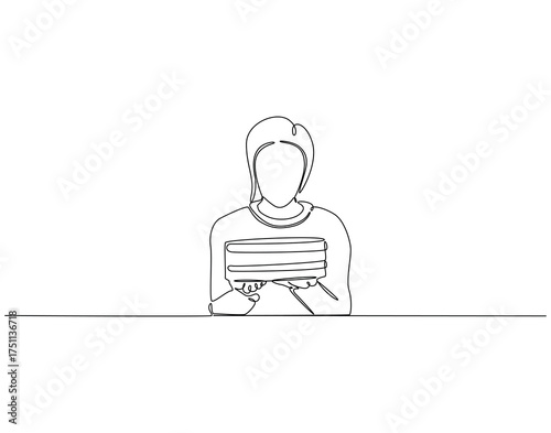 Woman holding birthday cake continuous line art. Woman with cake one line drawing. Birthday celebration concept vector illustration