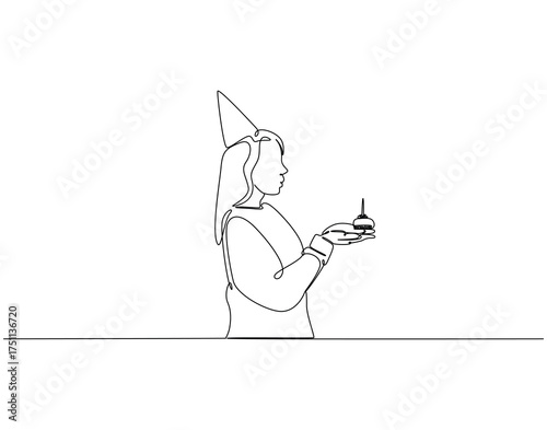 Woman holding birthday cake continuous line art. Woman with cake one line drawing. Birthday celebration concept vector illustration