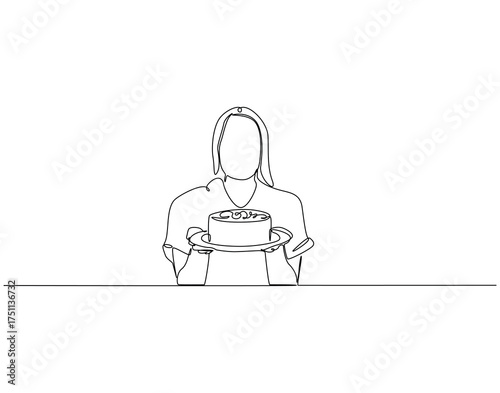 Woman holding birthday cake continuous line art. Woman with cake one line drawing. Birthday celebration concept vector illustration