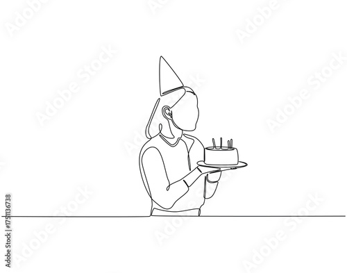 Woman holding birthday cake continuous line art. Woman with cake one line drawing. Birthday celebration concept vector illustration