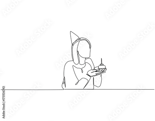 Woman holding birthday cake continuous line art. Woman with cake one line drawing. Birthday celebration concept vector illustration