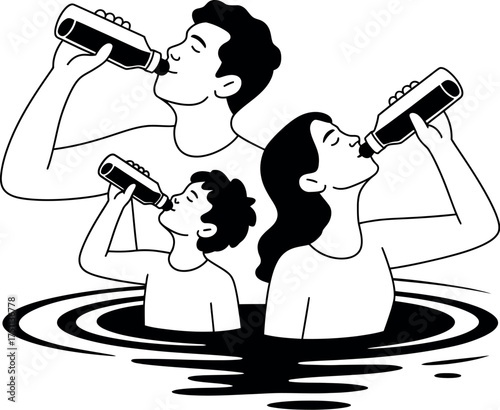 Family drinking water from bottle isolated on white background in summer