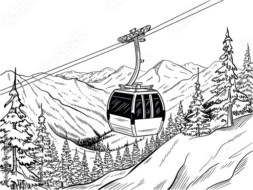 Illustration of a cable car in the mountains isolated on white background