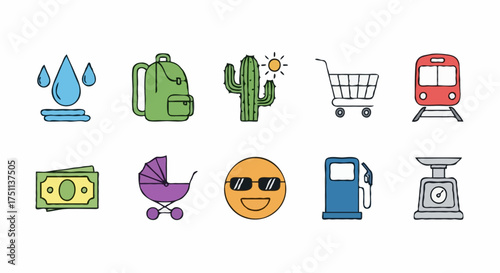 Set of ten minimalist line icons: water droplets, backpack, cactus, shopping cart, train, money, stroller, sun face, gas pump, scale. Ideal for travel, lifestyle, or business concepts.