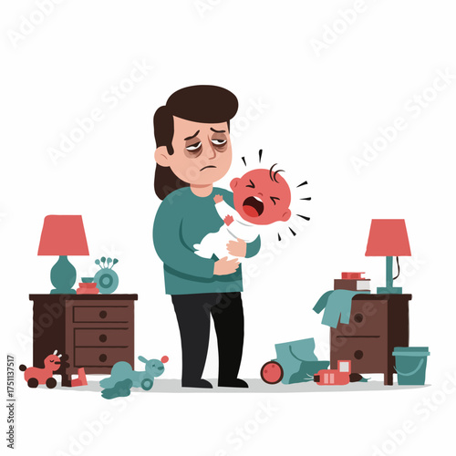 Stressed mother holding crying baby with angry red face, surrounded by messy room. Depicts parenting challenges, exhaustion, or postpartum stress. Unique, expressive cartoon style.