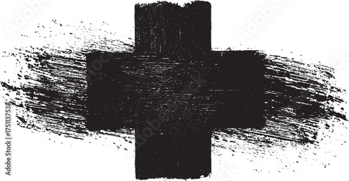 A black cross shape with rough brush strokes and splatters on a white background.