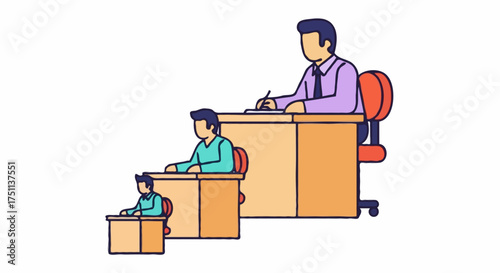 A minimalistic linear drawing of three people at tables, each in increasing size, focused on career growth. Ideal for career growth, with professional appeal.