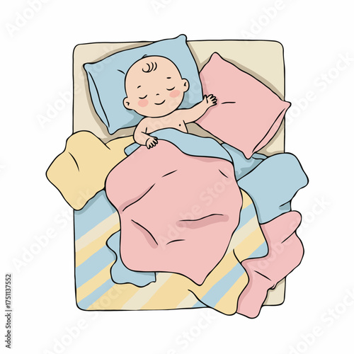Sleeping baby cartoon nestled in cozy bed with soft pillows and blankets. Peaceful, serene, and adorable. Perfect for parenting, nursery, or bedtime concepts. Unique, gentle illustration style.