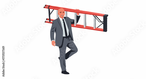 Cartoon bald  businessman carrying red ladder, smiling confidently. Symbolizes ambition, progress, or problem-solving. Ideal for business, career, or motivational concepts.  Dynamic vector style.