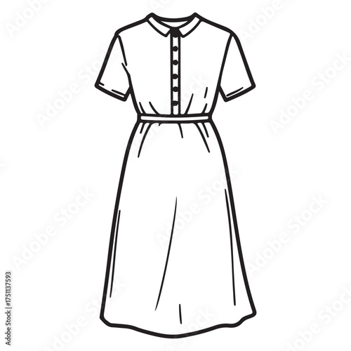 Elegant midi dress line art illustration vintage style design apparel fashion clothing garment template simple casual wear womenswear vector graphic design