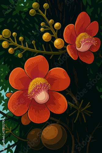A detailed digital illustration of the Cannonball Tree flower, known for its striking appearance. The image showcases bright red-orange petals with a unique pink and yellow stamen structure at the cen