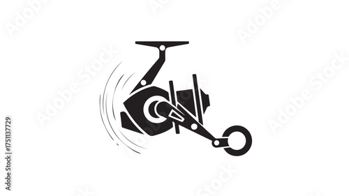 Dynamic fishing reel spinning quickly, perfect for outdoor adventure promotions and angling gear advertisements, showcasing the thrill of the catch with striking black and white design