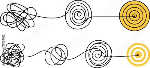 Continuous Line Drawing of Chaos to Target, Problem Solving Concept, Brainstorming Process, Achievement Symbol.