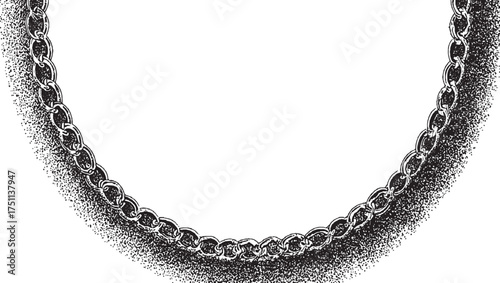 A black metal chain with oval links is depicted with a stippled texture fading into white space.