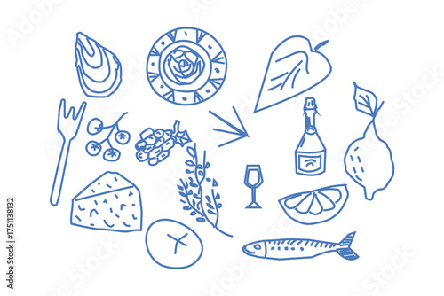 Hand drawn blue sketch of various food and drink items including oysters cheese wine bottle and lemon