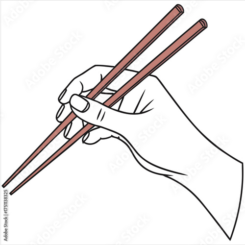 A hand holding chopsticks, demonstrating the proper way to hold the utensils for eating food