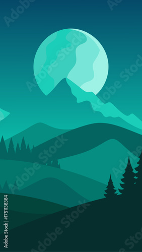 Turquoise landscape with moon and mountain peaks