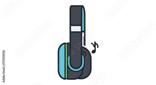 Illustration of blue and black headphones with a musical note for listening to music and enjoying audio