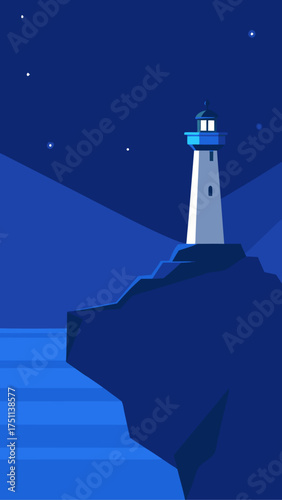 Lighthouse on cliff at night with stars in the sky