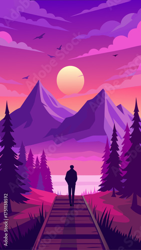 Silhouette walking toward mountains under sunset sky