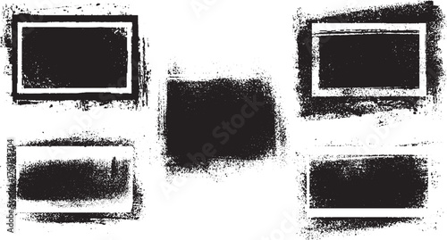Five black distressed rectangular frames with textured edges on a white background.
