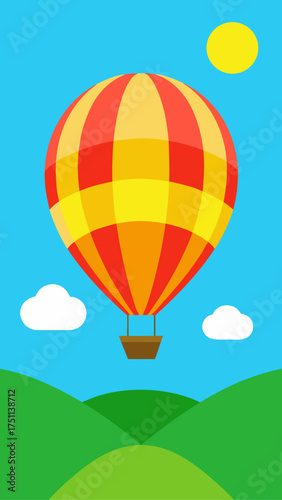 Illustration of a hot air balloon over green hills