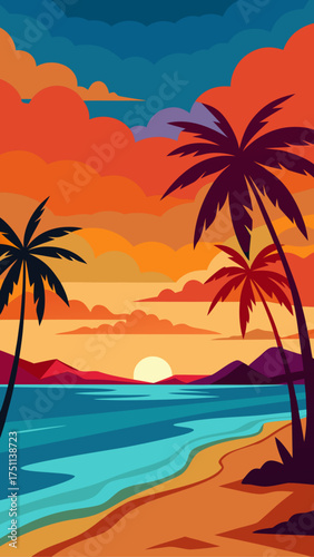 Sunset beach with palm trees and colorful sky view