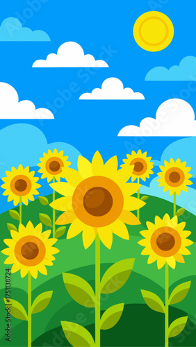 Illustration of sunflowers under a sunny sky with clouds
