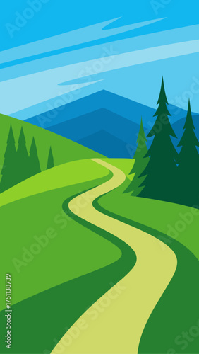 Illustration of a winding path through green hills