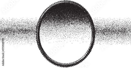 A black circular shape composed of dots and streaks against a white background.