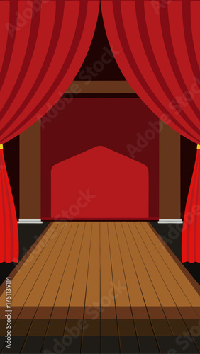 Illustration of a stage with red curtains and wood